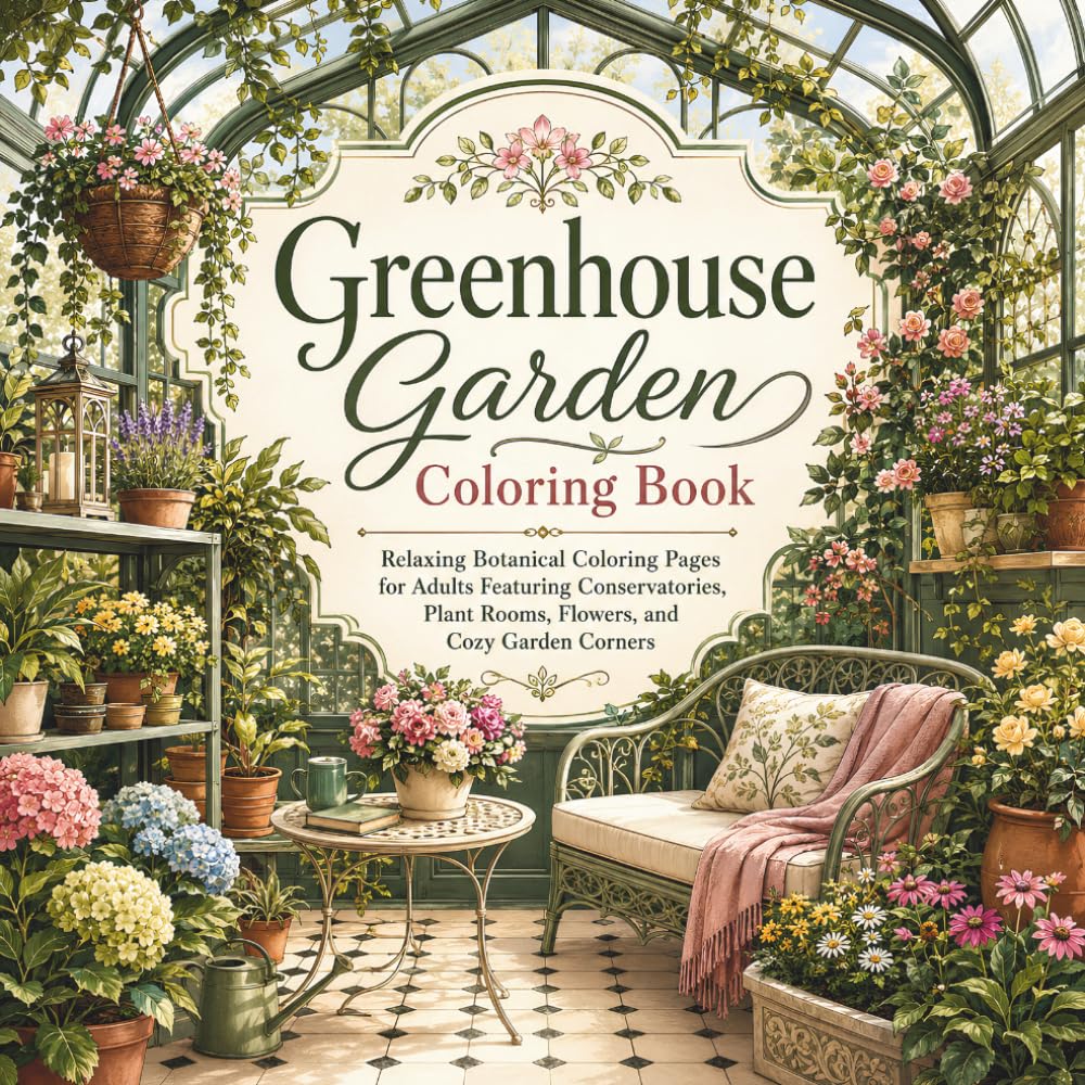 Greenhouse Garden: Relaxing Botanical Coloring Book for Adults Featuring Conservatories, Plant Rooms, Flowers, and Cozy Garden Corners