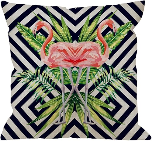 HGOD Designs - Funda de almohada decorativa con diseño de flamenco rosa con hojas de plátano tropicales, funda de almohada cuadrada de lino y