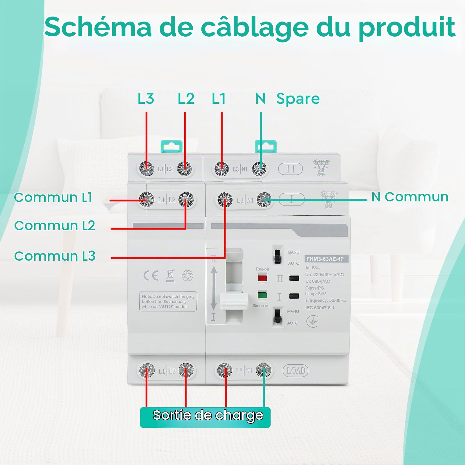 CPROSP Inverseur de Source Monophasé Automatique 63A DIN 220V 4P | Commutateur de Transfert Automatique 4 Double Alimentation; Interrupteur Différentiel 63A Contacteur Jour Nuit Chauffe Eau