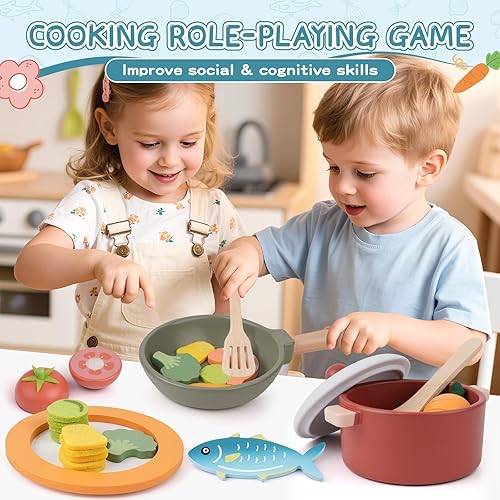 Miniatura 5 de Comida de madera para jugar en la cocina  Accesorios de cocina para niños pequeños con ollas y sartenes para niños de 3 años, cortar frutas,