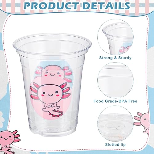 Miniatura 3 de Juego de 120 vasos desechables de ajolote transparente de 12 onzas con tapas y pajitas de papel, tazas de café helado para niñas, decoración de
