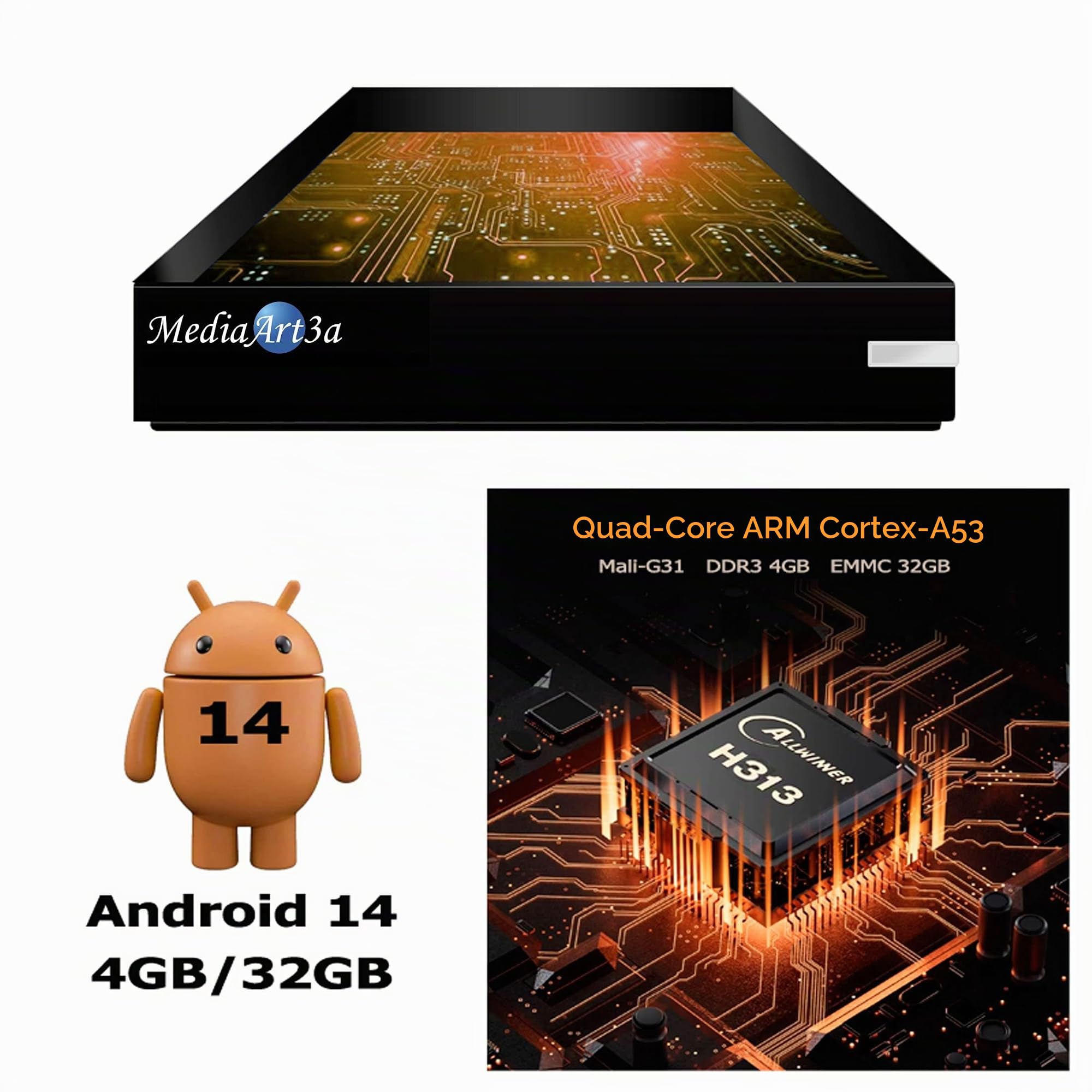 Mediaart-3a Pro 4K Android TV Box (4GB RAM + 32GB) Streaming Smart TV Box Quad Core, Rockchip 3518 Dual WLAN 2.4G/5G 4K 60fps Media Player YouTube, Browser HDMI 2.0, Ethernet-Anschluss (RJ45), WiFi