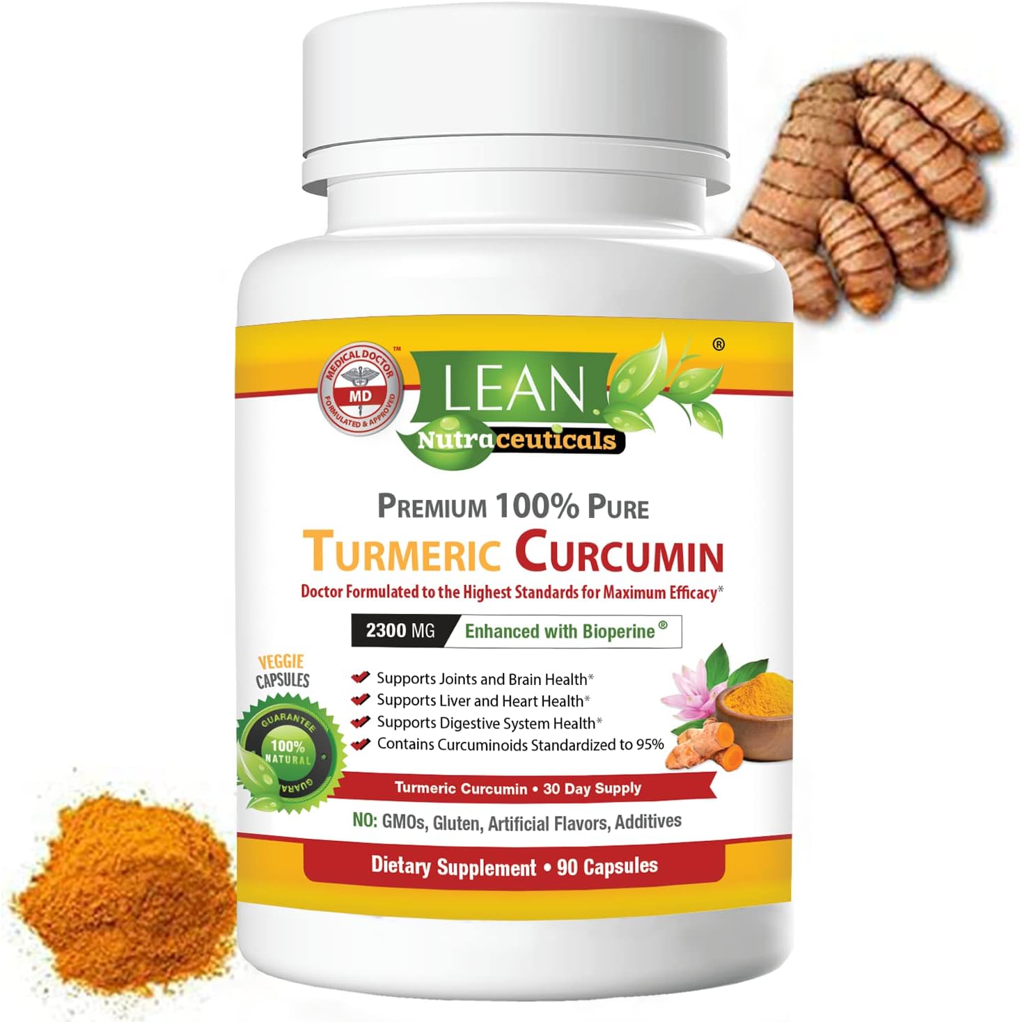 Turmeric Curcumin with Black Pepper Bioperine 2300 mg, Liver Heart Digestion Health Support Herbal Supplement, Natural Curcuma Root Extract Pill for Men and Women, 90 Capsules