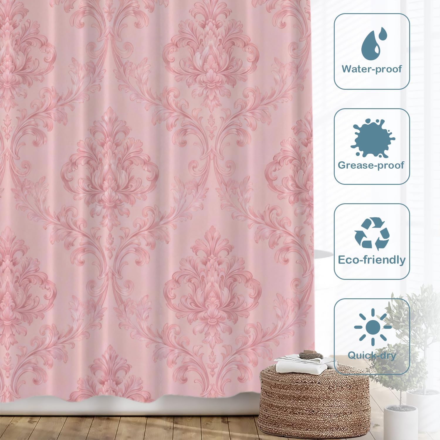 Batmerry Pink Classic Floral Decor Shower Curtain,Pink Chic Elegant Damask Floral Bathroom Decor Polyester Plastic Rings Quick-Drying Waterproof for Bathtubs/Bathroom, 72x72 inches
