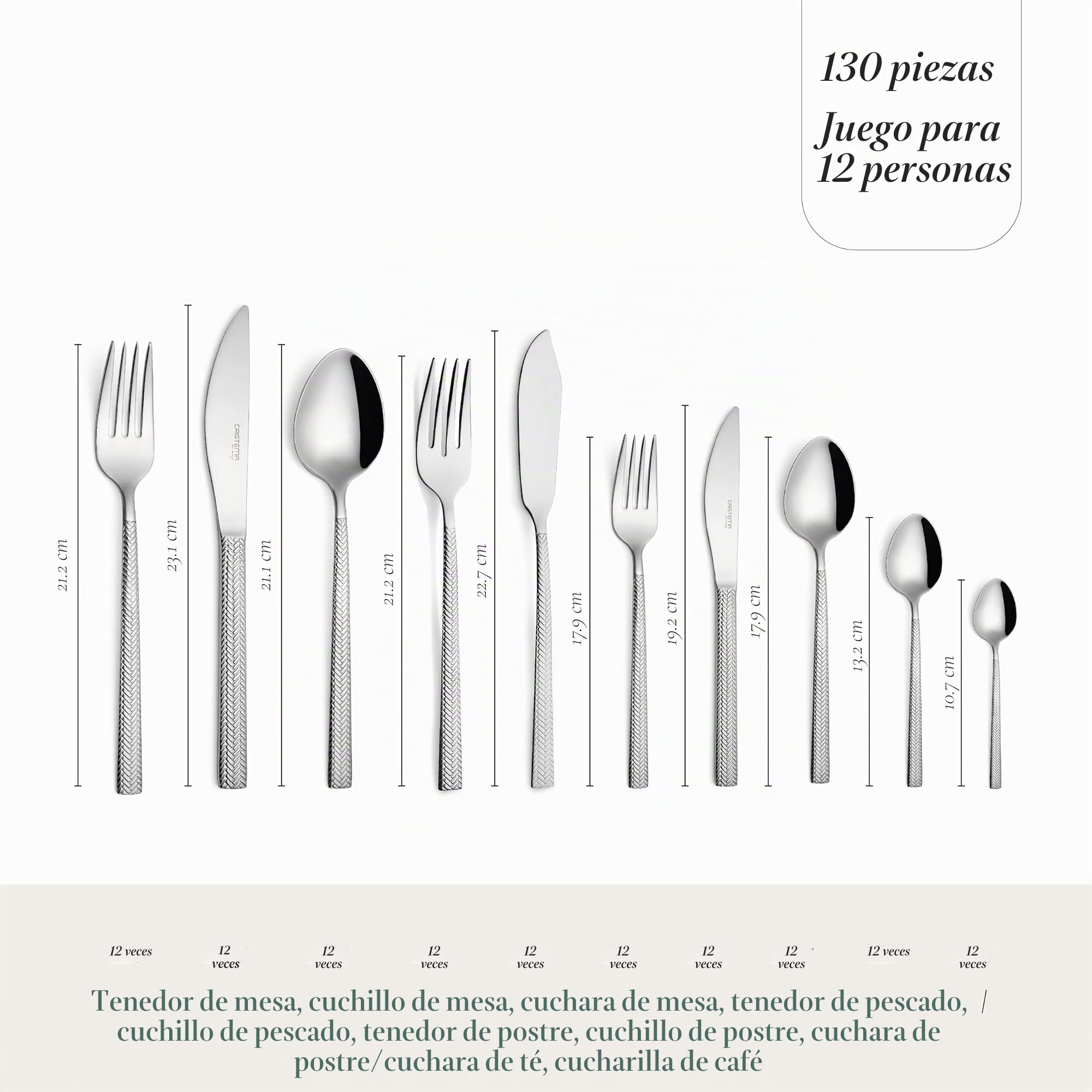 Cristema Dakar Acabado Brillante, juego de 130 piezas (12 personas) en acero inoxidable 18/10, aptas para lavavajillas y producidas en Portugal