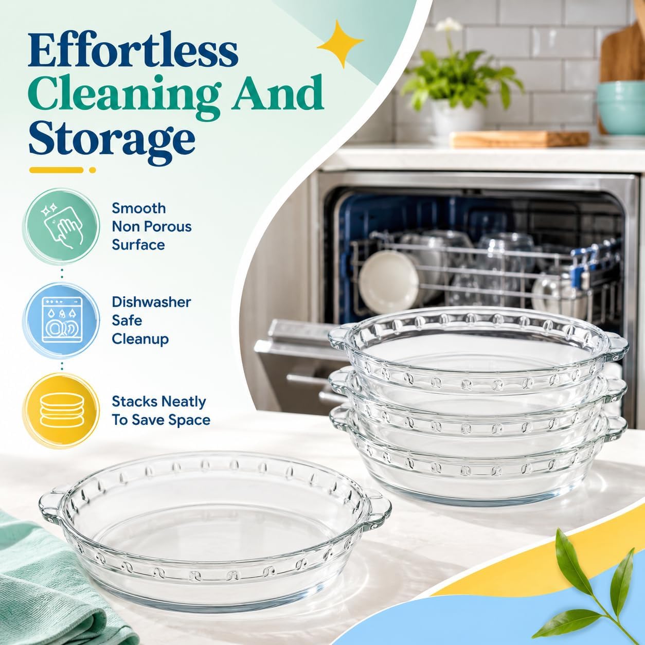 4 Pcs 8 Inch Glass Pie Pans with Handles, Clear Round Baking Dishes | Clear borosilicate glass | Oven, microwave and dishwasher use | 1.5 inch depth | Great for pies, snacks, salads and sides