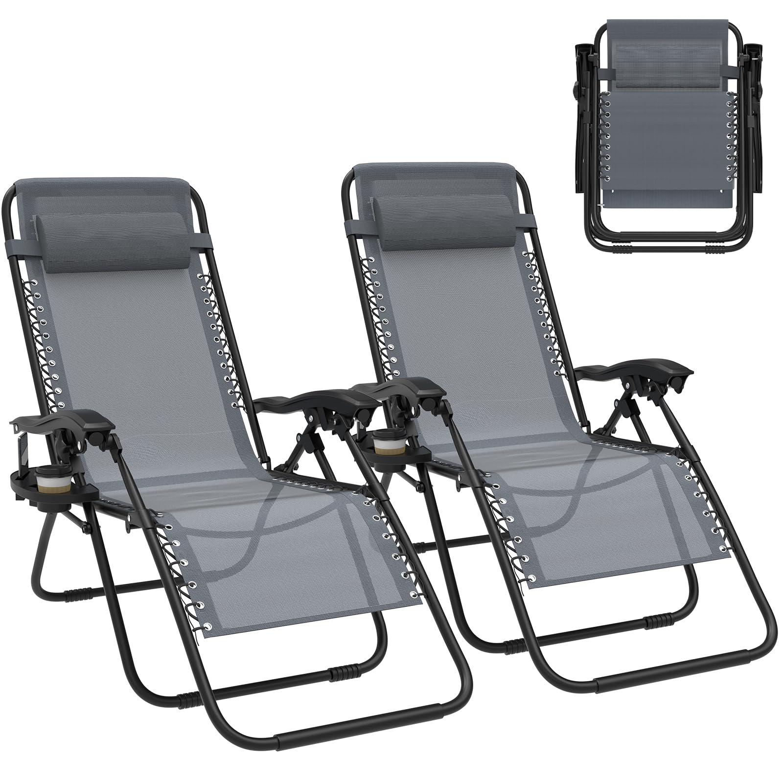 2er Set Klappbarer Liegestuhl, Gartenliege Extra Breit 64cm-Textilene-Relaxliege Verstellbar Rückenlehne mit Getränkehalter & Kissen, Faltbar Sonnenliege Tragbar für Camping Balkon, bis 120kg, Grey