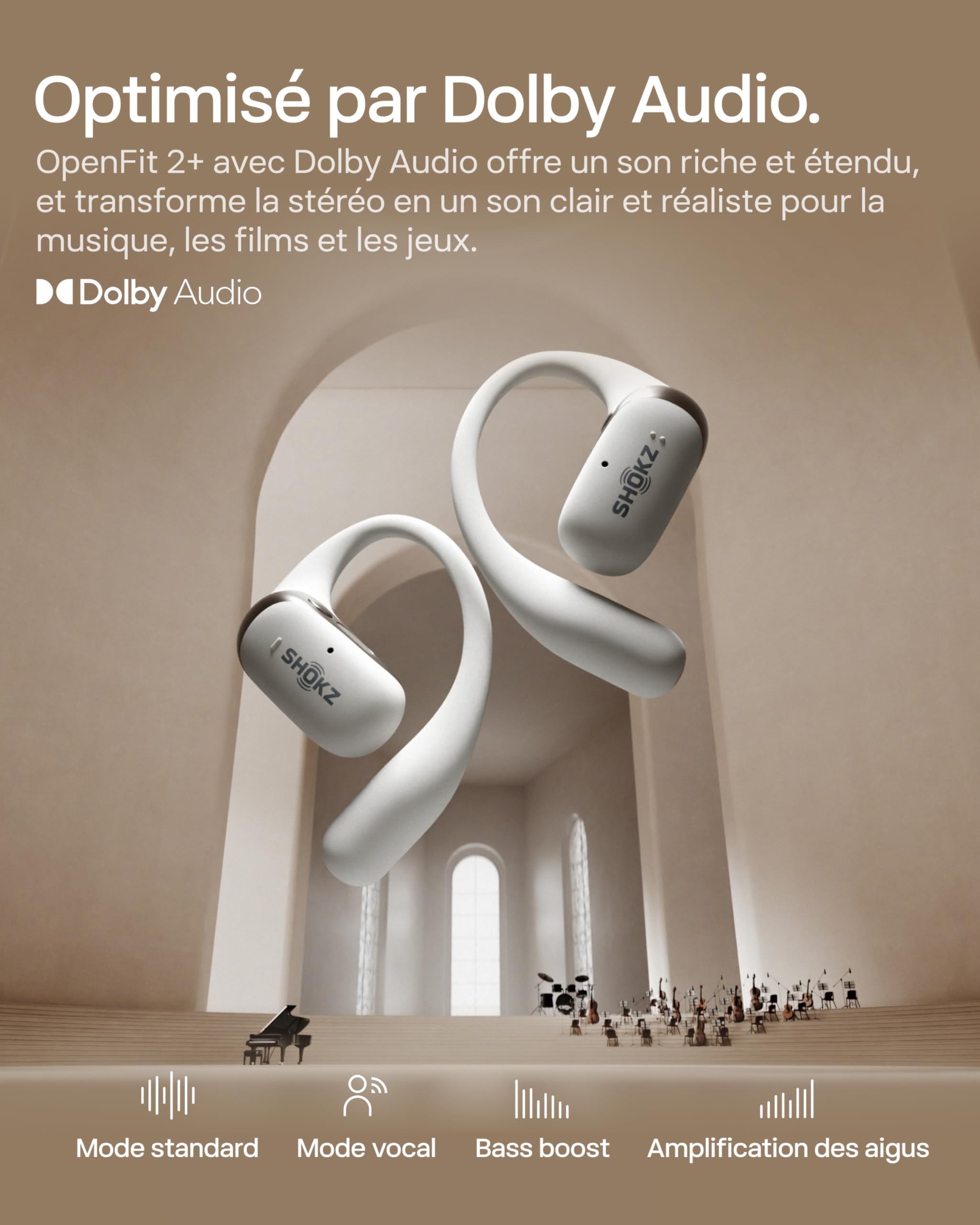 SHOKZ OpenFit 2+ Nouveaux Casques à Oreilles Libres, Dolby Audio, Crochets d’Oreille Souples, 48 Heures d’autonomie, résistance à l’Eau IP55, Recharge sans Fil, avec Sac de Transport, Noir