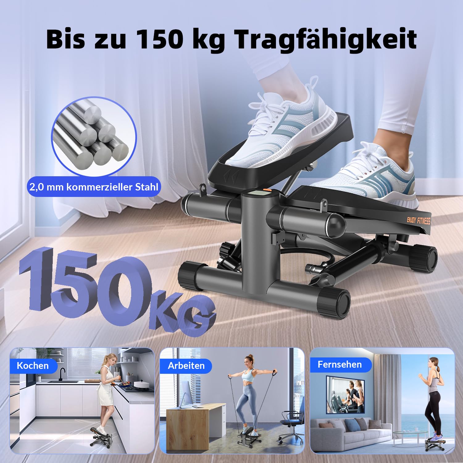 Vannect 2 in 1 Mini Stepper für Zuhause Mit Power Ropes, Up-Down Swing Mit Smart-Display, Hometrainer für Anfänger & Fortgeschrittene, Bis zu 150 KG