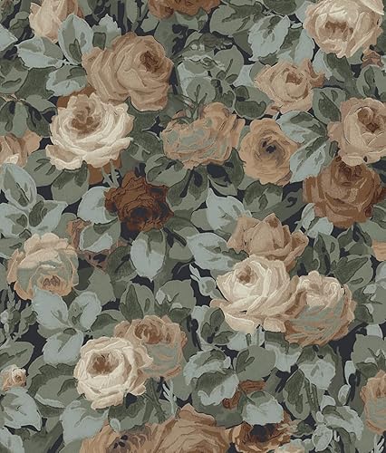 NextWall Rose Garden - Papel tapiz floral para despegar y pegar (azul medianoche y café)