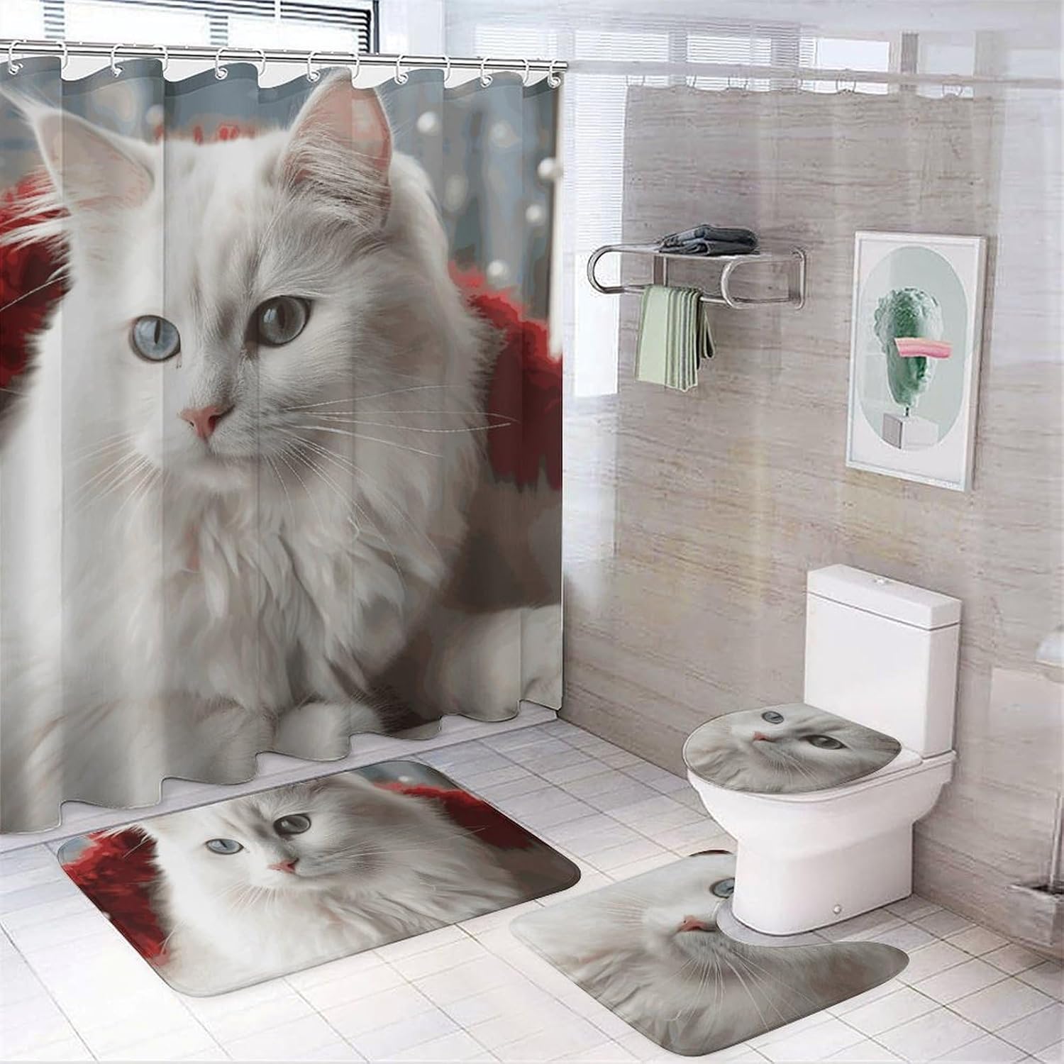 Cute White Cat Shower Curtains Set 4 Piece with Non-Slip Rugs, Toilet Lid Cover and Bath Mat Soft Bathroom Carpet Waterproof Bathroom Curtain with 12 Hooks for Bathroom Decor