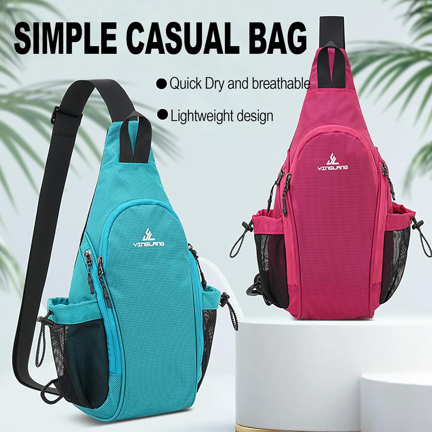 Peicees Small Sling Bag with 2 Bottle Holders (Suitable for 2.5 IN Diameter Bottle), Sling Backpack Crossbody Bag Chest Daypack for Daily Use Travel, Bottle Not Included, Rose - Image 9