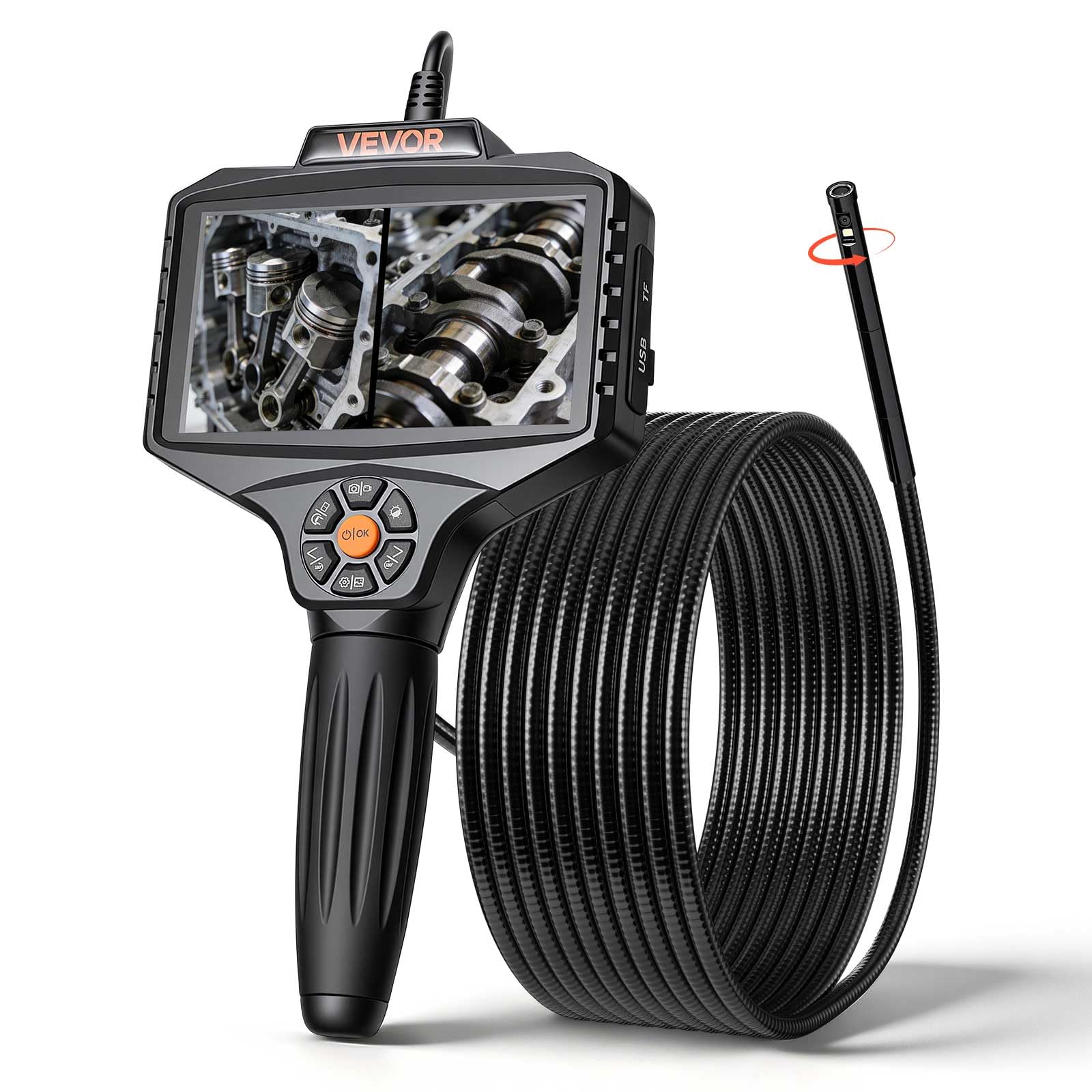 VEVOR Telecamera Endoscopica Articolata a Doppia Lente con Luce, Rotazione a 360°, Schermo IPS HD da 5'', Funzione Schermo Diviso, Zoom 8x, Cavo Impermeabile IP67 da 5 m, per Settore Auto e Idraulica