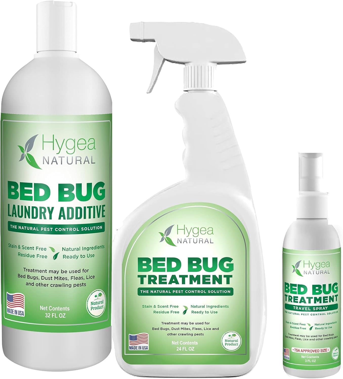 Hygea Natural Lice, Mite, and Bed Bug Natural Spray 3oz Travel Size + 24oz Spray + Lice and Bed Bug Laundry Additive 32oz Bundle - Child & Pet Friendly – Immediate Results – Stain & Odor Free