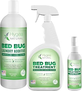 Hygea Natural Lice, Mite, and Bed Bug Natural Spray 3oz Travel Size + 24oz Spray + Lice and Bed Bug Laundry Additive 32oz Bundle - Child & Pet Friendly Immediate Results Stain & Odor Free