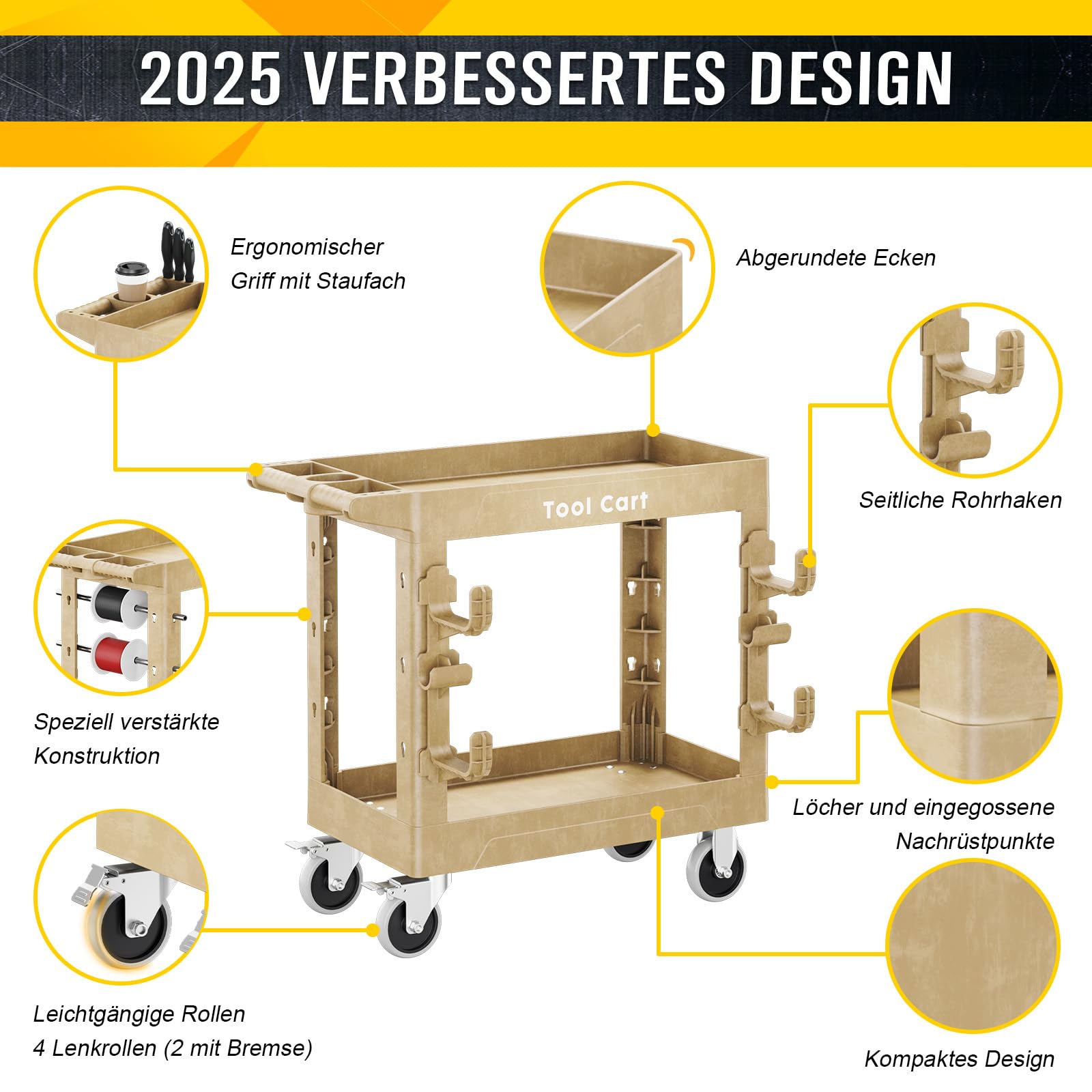 LDHTHOPI Servierwagen MAX 250kg,Werkstatt RollWagen 84.5x41.5x85cm mit 2 Lastaufnahmehaken,Schwerlast Kunststoff Vielzweckwagen 2 Lenkrollen mit Bremse,Holzfarbe,für Lager Garagen Büros Gärten Hotels