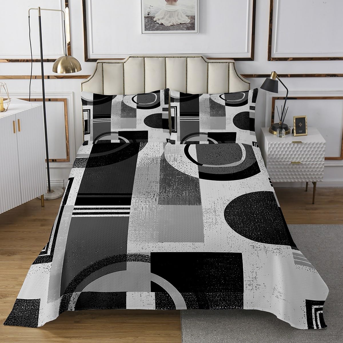 Manfei Geometric Striped Circle Kids Bedspread King Size,Abstract Aesthetic Simple Art Coverlet Set,Boys Girls Room Decor,Graffiti Retro Squares Quilted Coverlet,Grey Bedding Quilt,2 Pillowcases