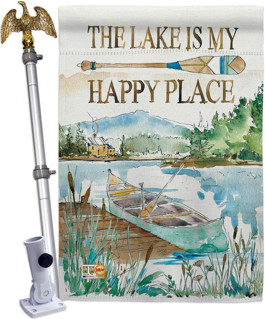 Lake is Happy Place House Flag Outdoor Rustic Cabin Moose Wildlife Adventure Forest Small Decorative Gift Yard Banner Made In USA 28 X 40