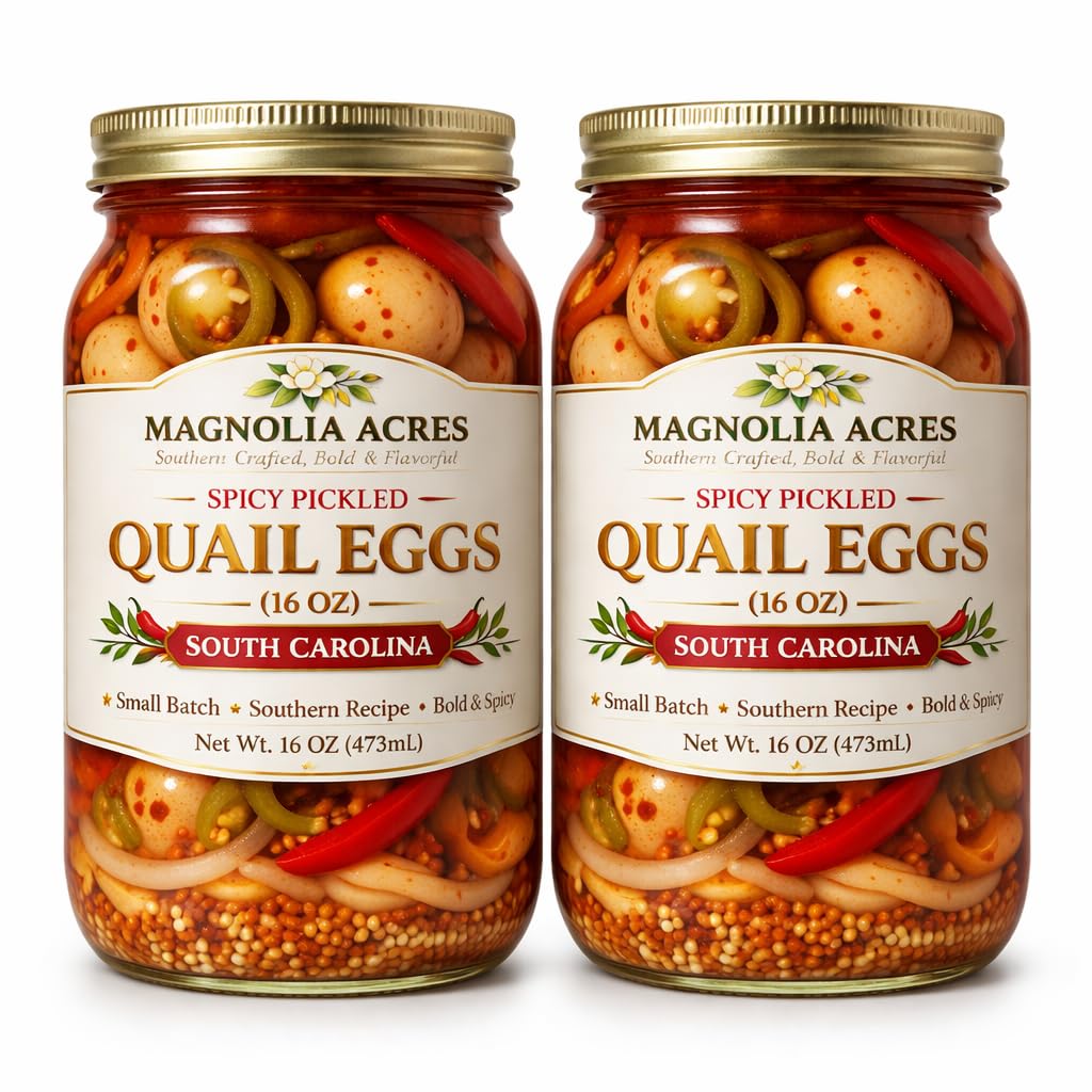 Magnolia Acres Spicy Pickled Quail Eggs, Two 16 oz Jar, Southern Style Quail Eggs, Ready to Eat Protein Snack, Bold & Spicy Recipe, Small Batch Crafted