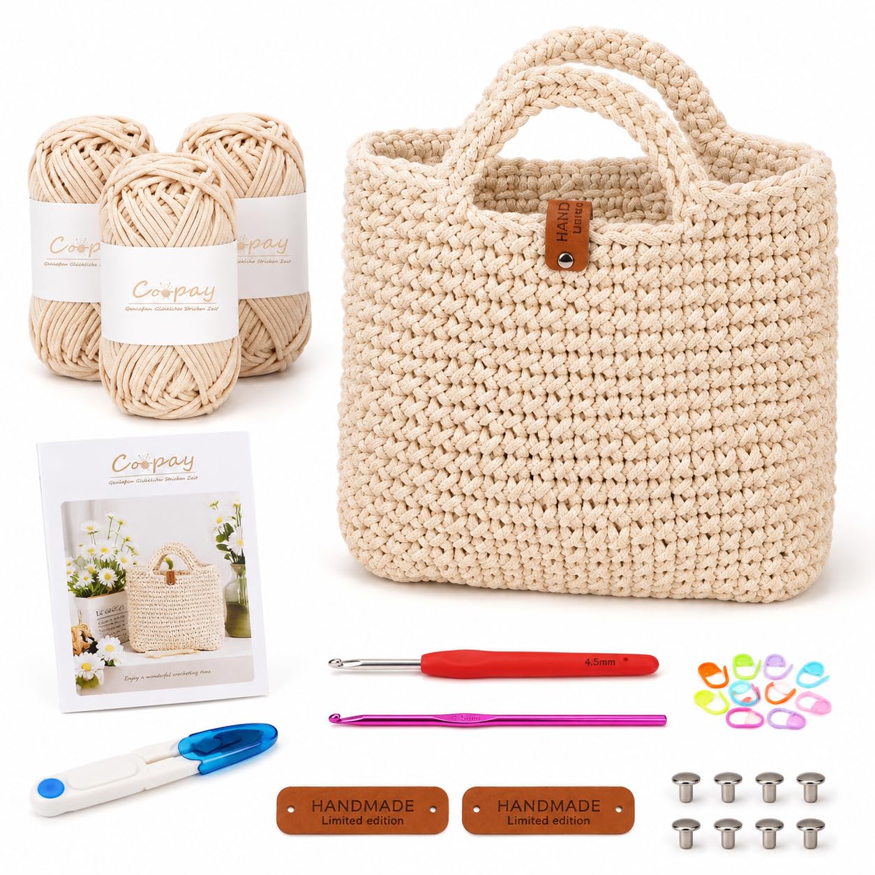 Aonuy Crochet Kit for Beginners, Beige Hollow Cotton Handbag Crochet Kit