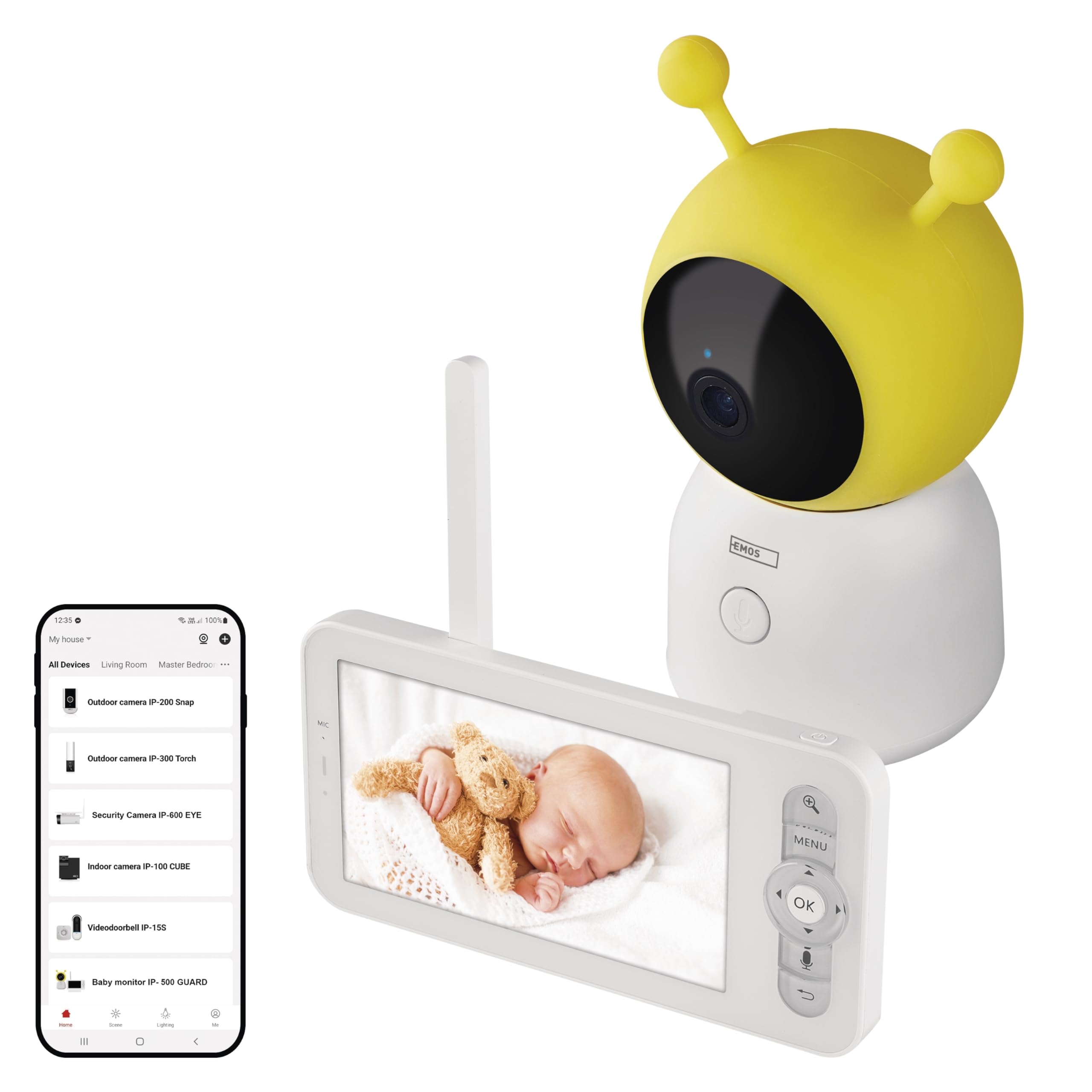 EMOS GoSmart Babyphone IP-500 Guard con monitor LCD da 5" e batteria da 3000 mAh, Wi-Fi e app, girevole, messa a fuoco, audio a 2 vie, visione notturna IR, sensore intelligente e funzioni di