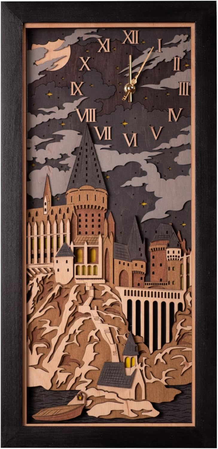 Hogwarts 3D Wall Clock - Unique Collectible Wooden Clock - Silent Large Modern Rustic Decorative Home Decor for Harry Potter Fans (Coffee Brown, L)