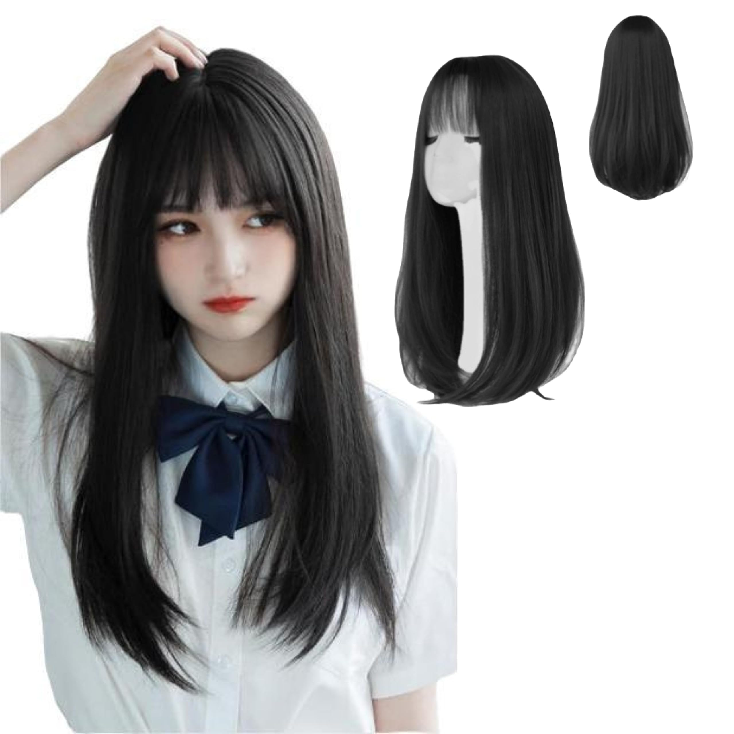 Amazon.co.jp: ウィッグ ロング ストレート 烏兎の矢先 黒髪 かつら