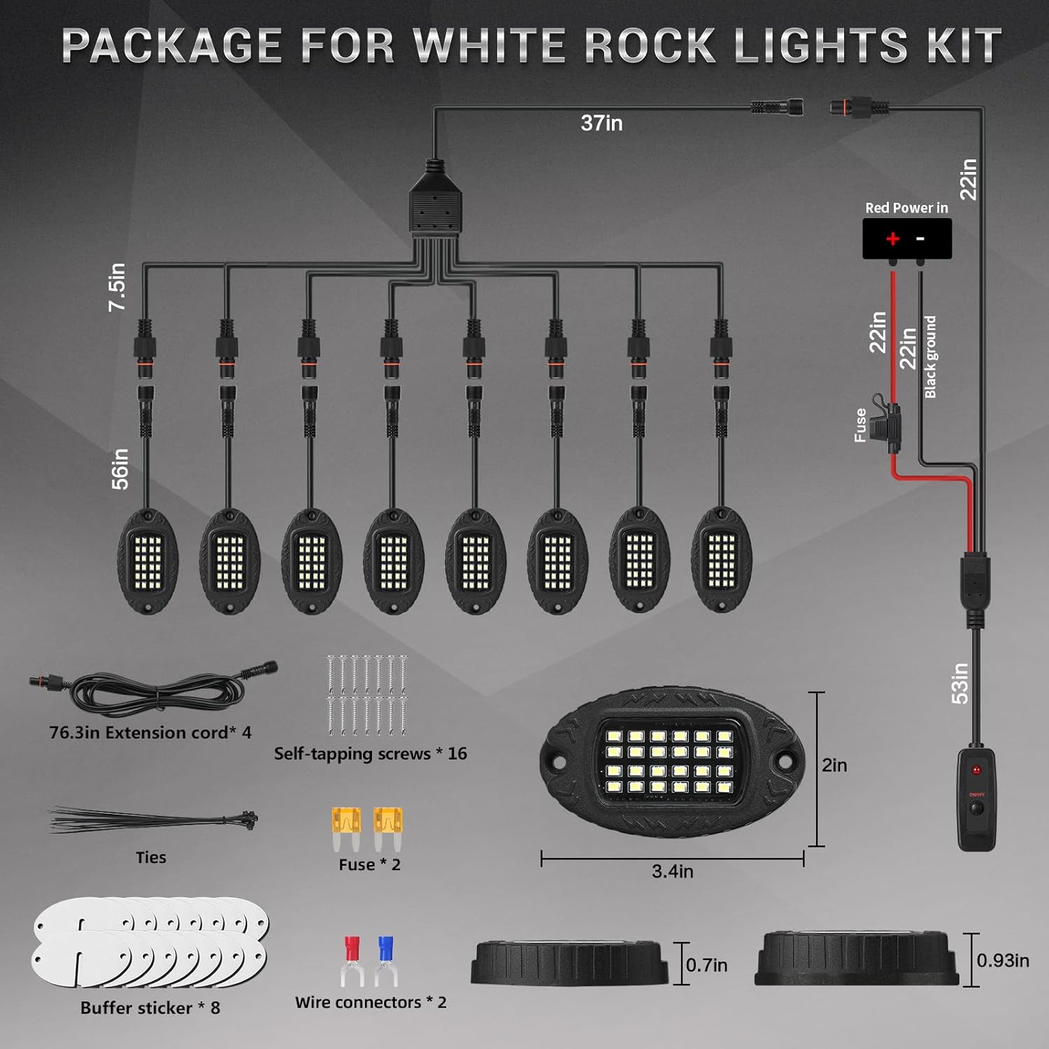 8 Pods Metal LED White Rock Lights and 4PCS 76.3 inch/6.56FT 2 Pin Extension Cable Wire Cord Set
