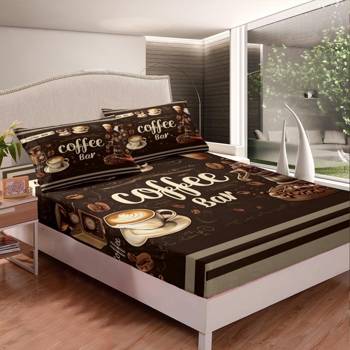 Erosebridal Coffee Bar Bed Sheets Set Queen Size Coffee Lovers Cafe Bean and Cups Sheets, Rustic Farmhouse Plaid Lines Sheet Set Vintage Brown Grunge Coffee Decorations Bed Set 2 Pillowcases