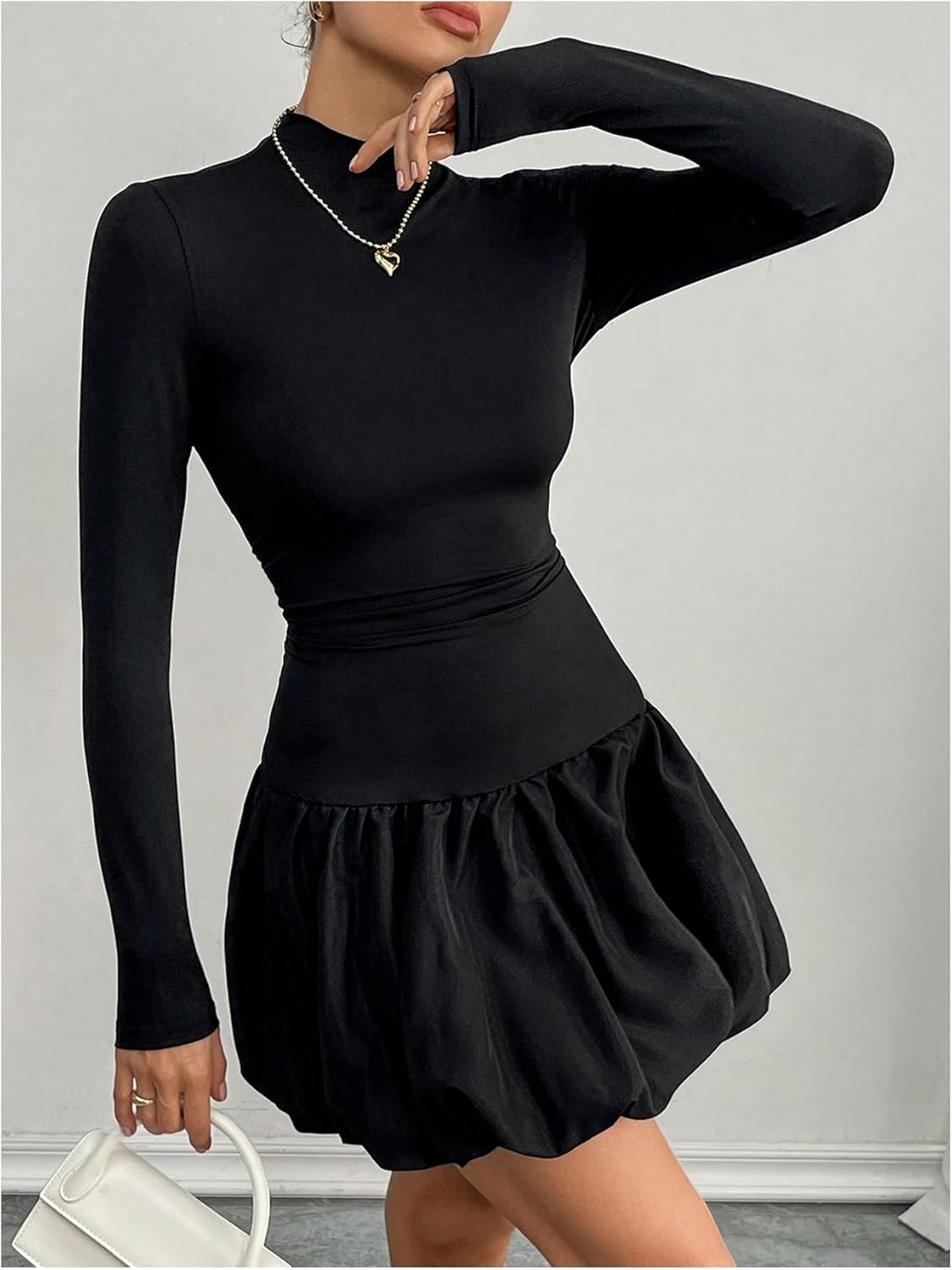 MakeMeChic Women's Mock Neck Long Sleeve Lettuce Trim Ruffle Slim Fit A Line Mini Dress - Image 4