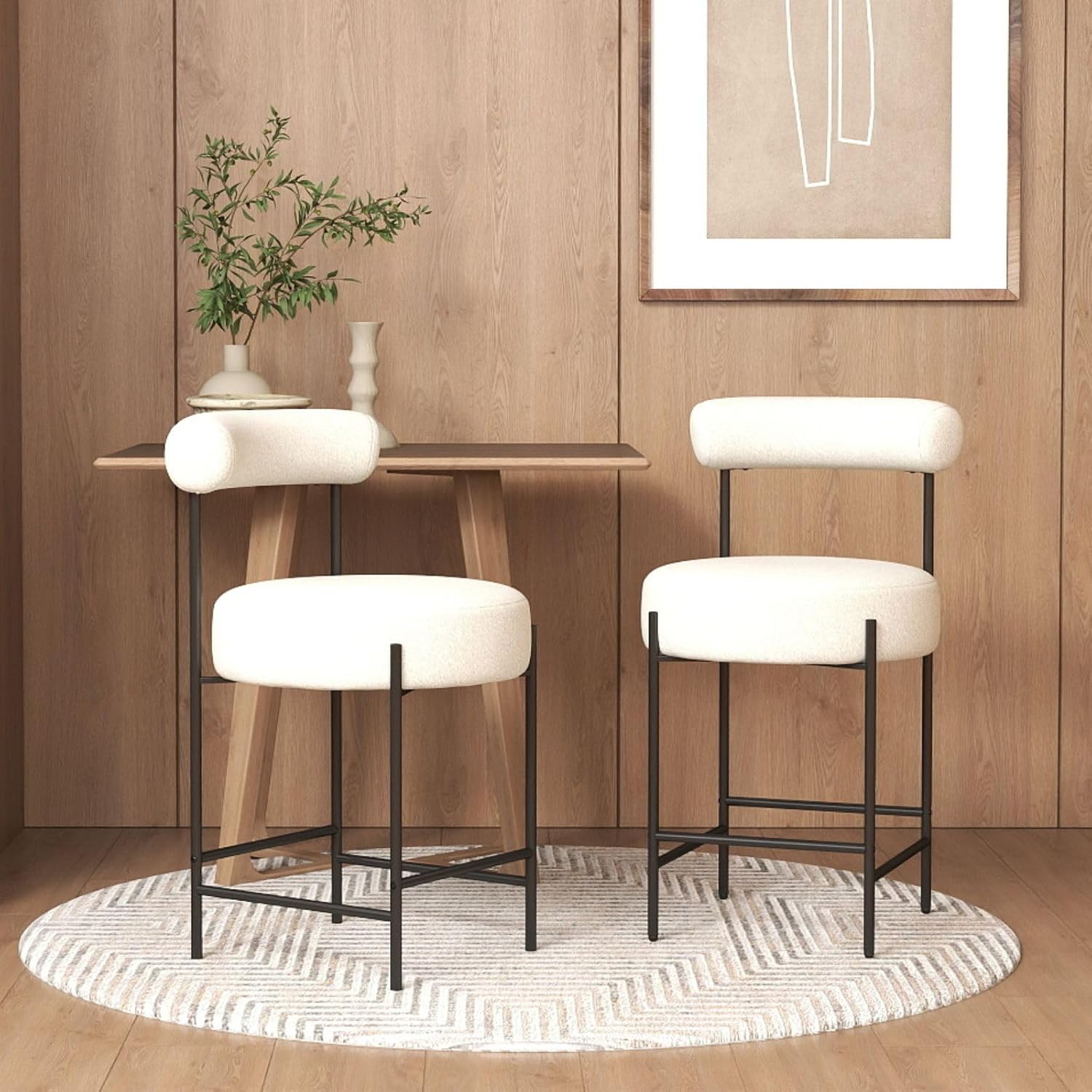 ROCITY Modern Upholstered Bar Stools Set of 2 White Boucle Counter Stools with Barrel Back 26 Inch Kitchen Island Chairs with Metal Legs