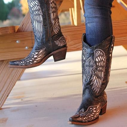 Amazon.com: Botas de caballero con bordado de alas retro para mujer de  otoño e invierno, botas vaqueras de tacón bajo occidental, botas hasta la  rodilla : Deportes y Actividades al Aire Libre