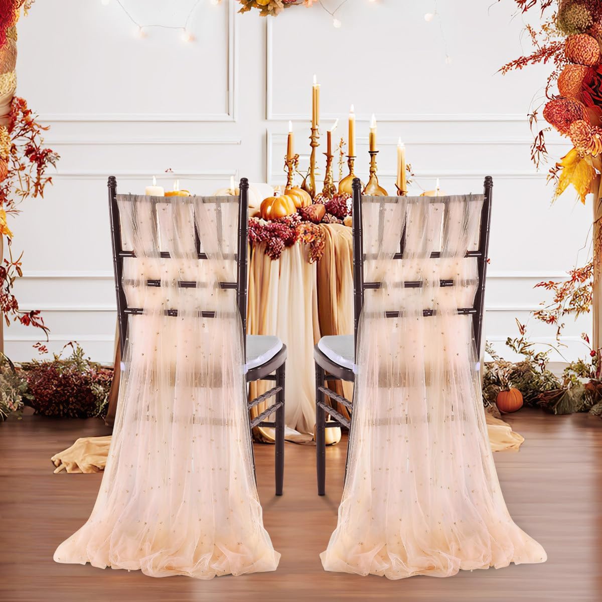 QueenDream Champagne Pearls Chair Sashes Wedding Aisle Decorations: 32 Packs 8ft Long Draping Fabric Sheer Church Chair Cover Bulk for Party Banquet