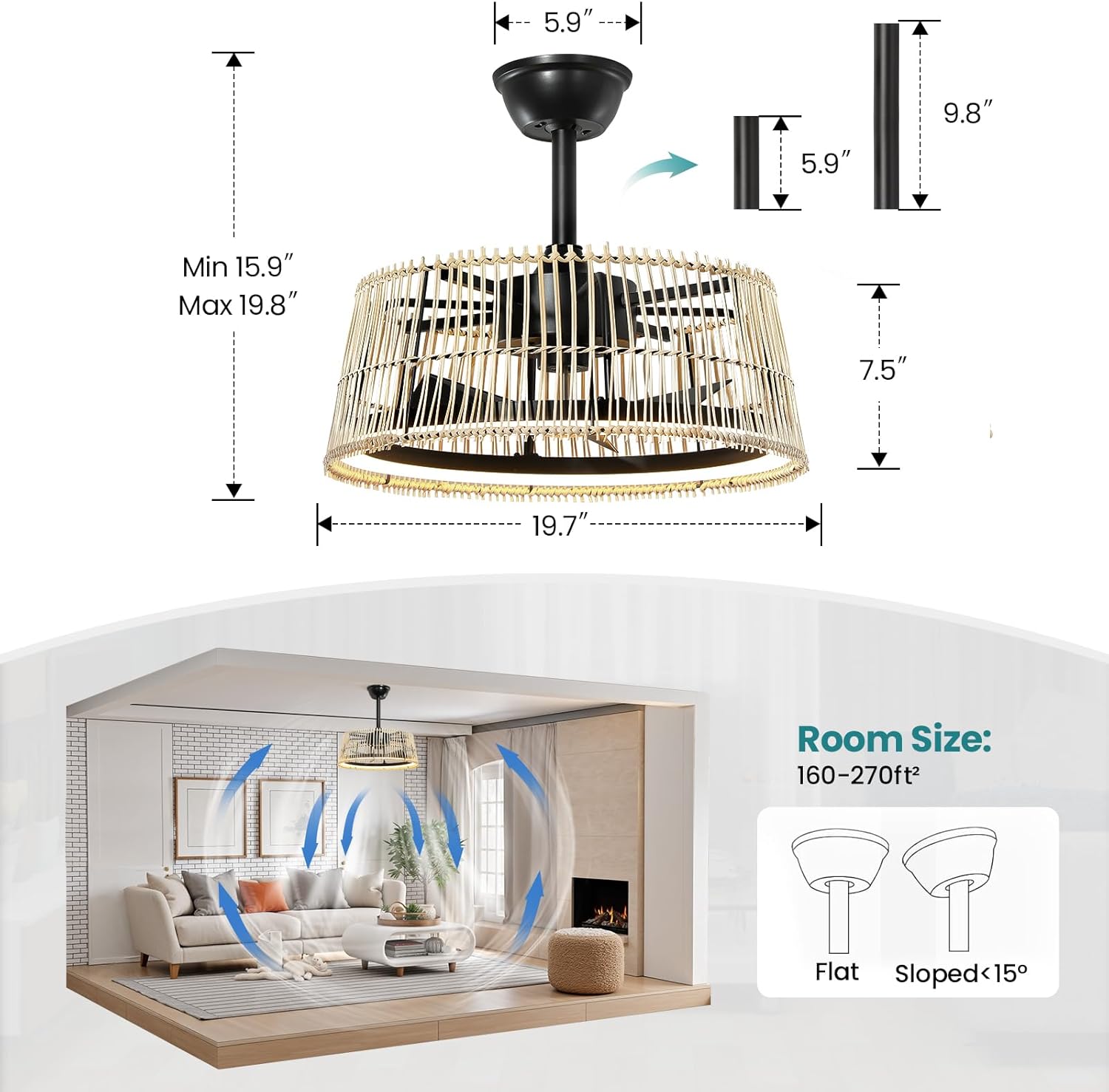 KAISITE Ceiling Fan with Light and Remote Control 20 Inch Boho Rattan Ceiling Fan Dimmable LED Fan Light with APP Control Semi Flush Mount Fandelier for Bedroom Living Room