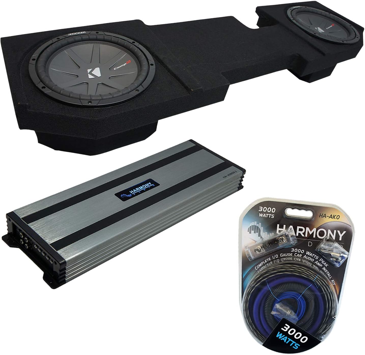 Harmony Audio HA-A1500.1 Compatible with Dodge Ram 2002-2018 Quad/Crew Mono 3000W Sub Amp, DTB2X12-QUAD-UP Dual 12" Sub Enclosure Box, 48CWR122 CompR 500W RMS 1000 W Peak Sub and HA-AK0 3000W Amp Kit