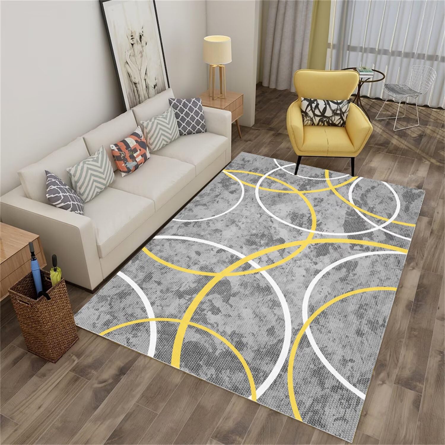 Tapis extra plat 80x200cm antidérapant gris et jaune à rayures modernes pour couloir