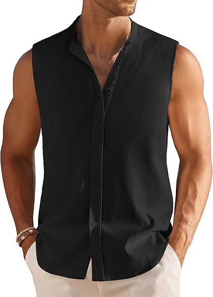 COOFANDY Summer Sleeveless Shirts for Men Beach Tank Top Shirts Casual Cut Off Dress Shirt Black Large