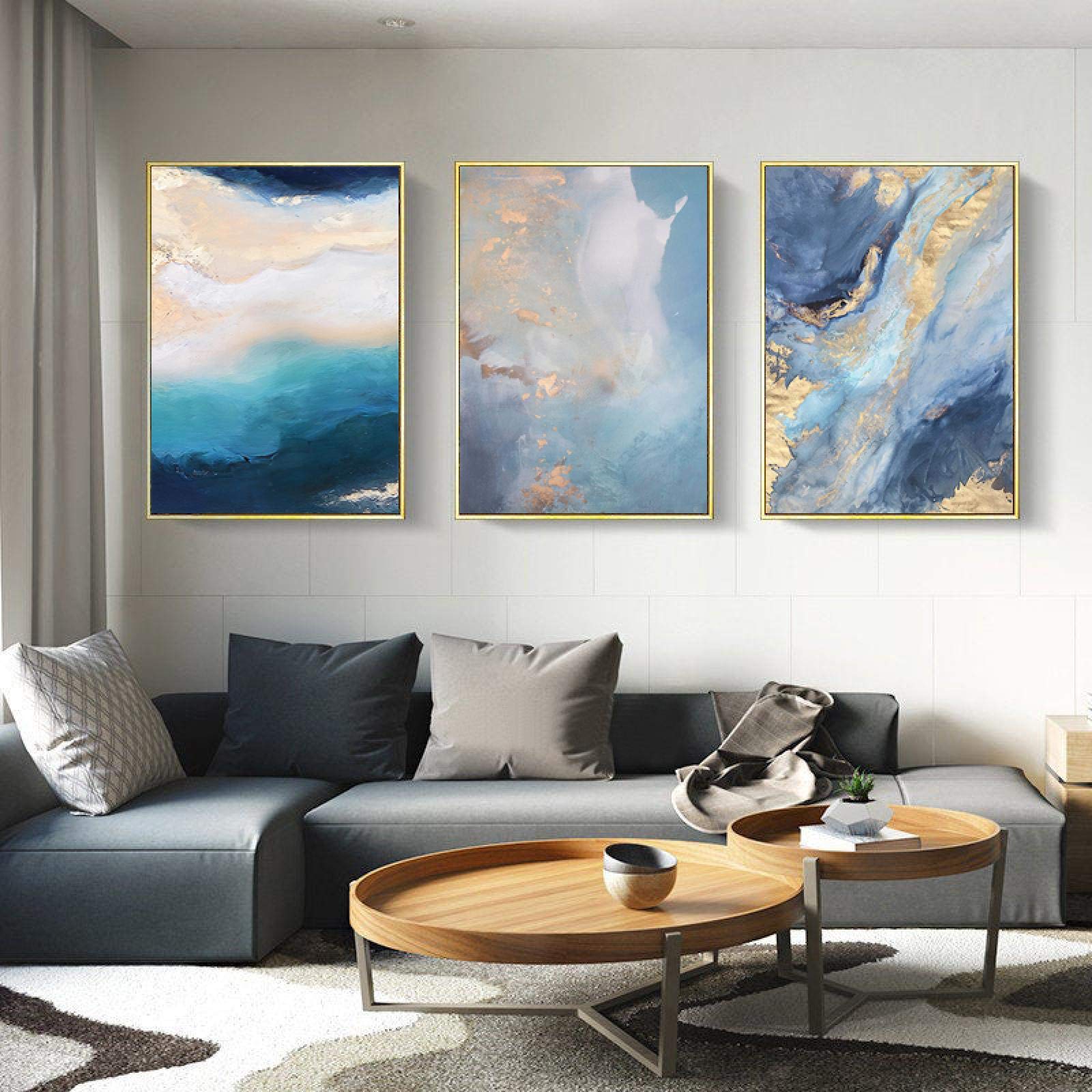 Yooyu Cuadro de Pared Moderno mármol Azul Hoja de Oro Color Azul Lienzo Pintura para Sala de Estar Dormitorio Carteles Impresiones decoración del hogar 40x50cmx3 Marco Interno