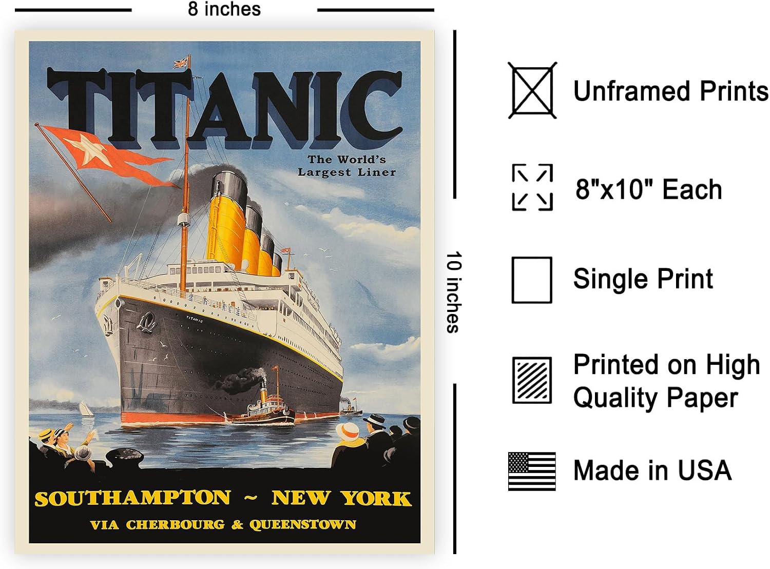Poster Master Vintage Titanic Poster - Retro World's Largest Liner Print - New York Art - Gift for Men, Women, New Yorkers, Travel Lover - Decor for Home, Office, Living Room - 8x10 UNFRAMED Wall Art