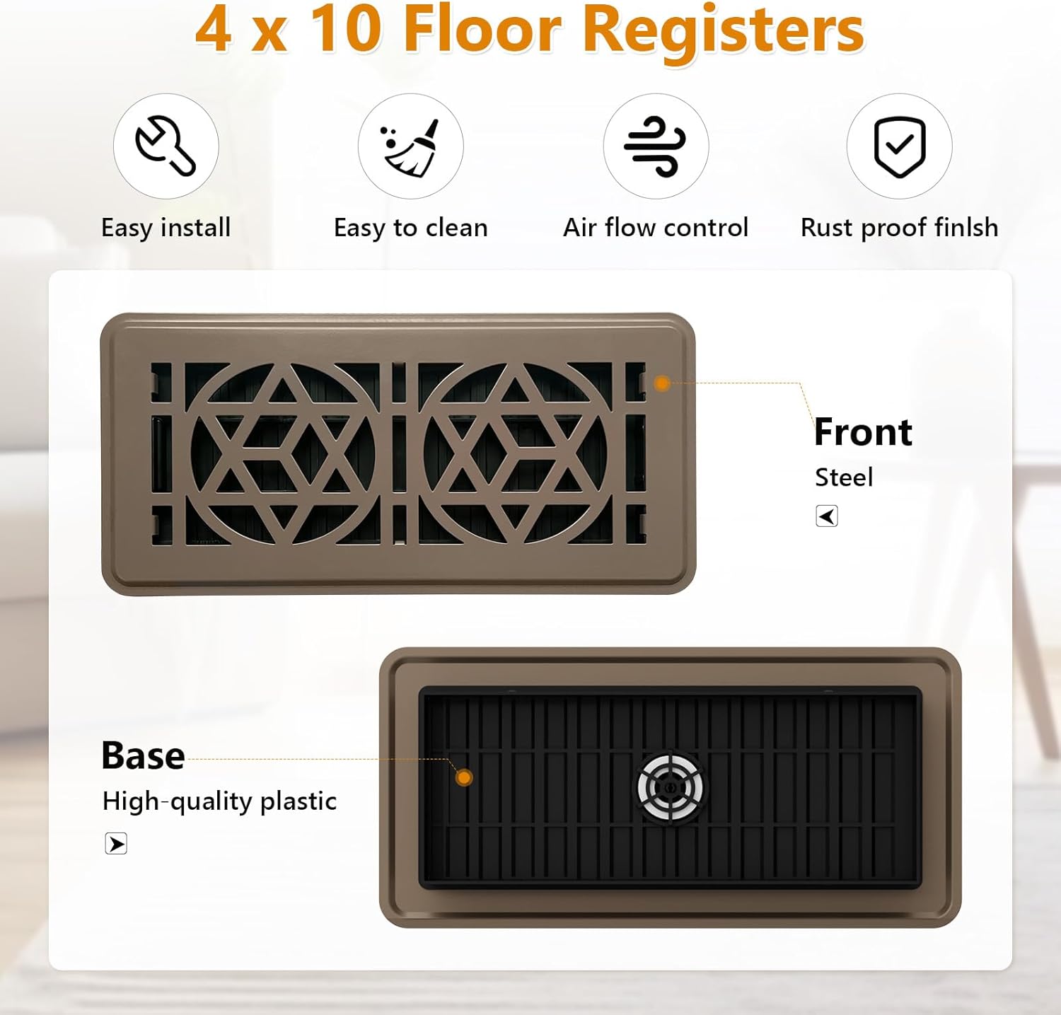 Floor Vent Covers 4 Pack,Floor Register 4x10, Heavy Duty Walkable Steel Vent Cover, Adjustable Metal Decorative Vent Covers for Home Floor Ceiling or Sidewall Vent, Rust-Proof Finish (Brown-4 Pack)