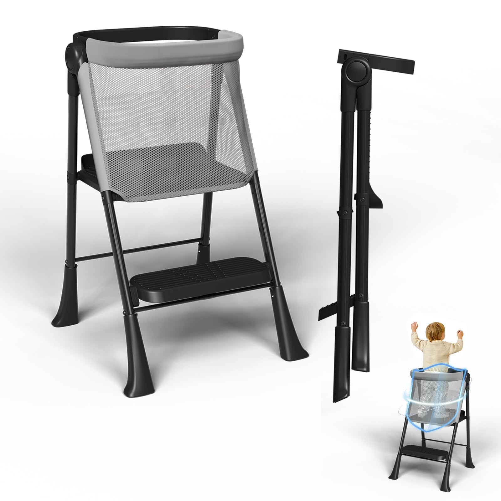 Photo 1 of ***MINOR DAMAGE***Toddler Tower Foldable, Foldable Toddler Standing Tower for Bathroom Sink or Kitchen Counter with Safety Net, Suitable for 1-6 Years?Black-White