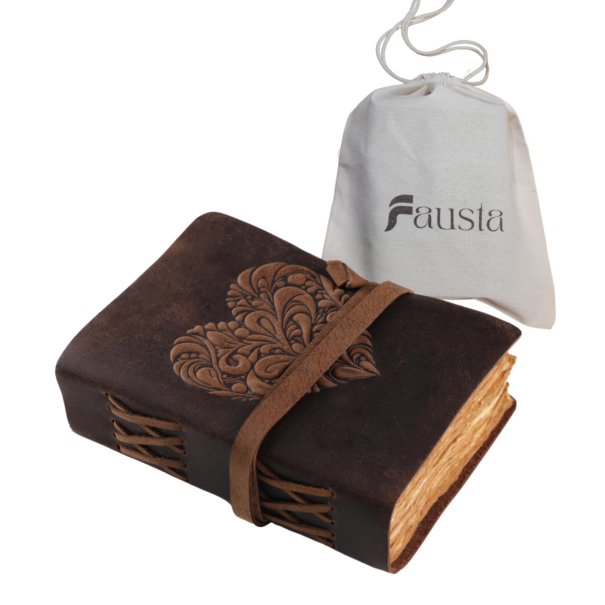 Fausta Heart Embossed Leather Journal for Men & Women - 7"x5" Writing Notebook, 240 Pages Vintage Deckle Edge Cotton Paper 150 GSM