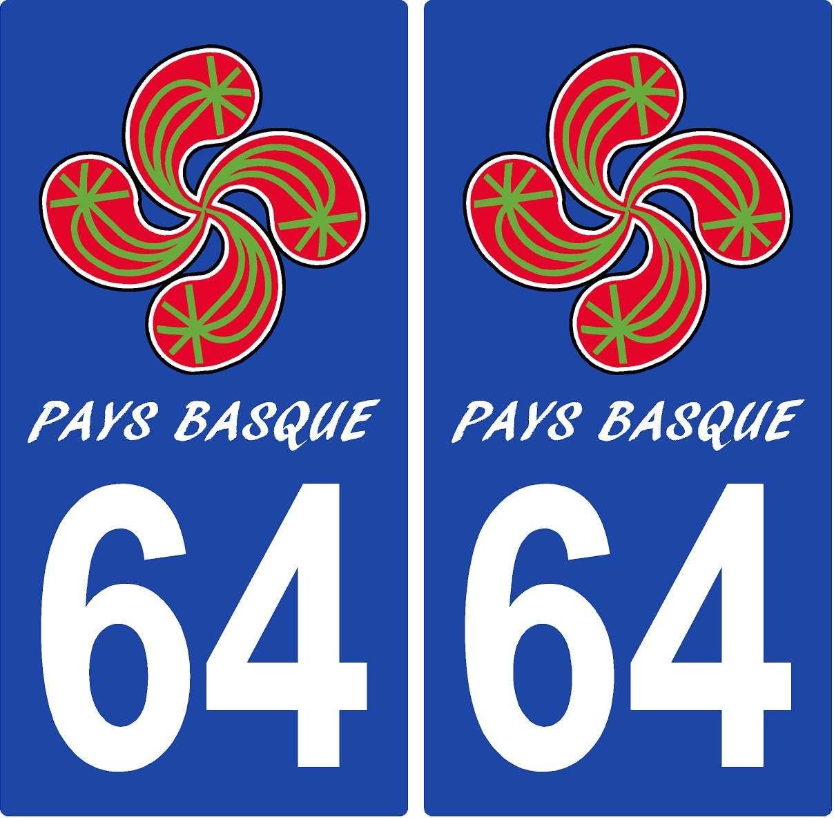 2 Autocollants Plaque Immatriculation Pays Basque 64 - Lauburu Et Drapeau - Vinyle Durable