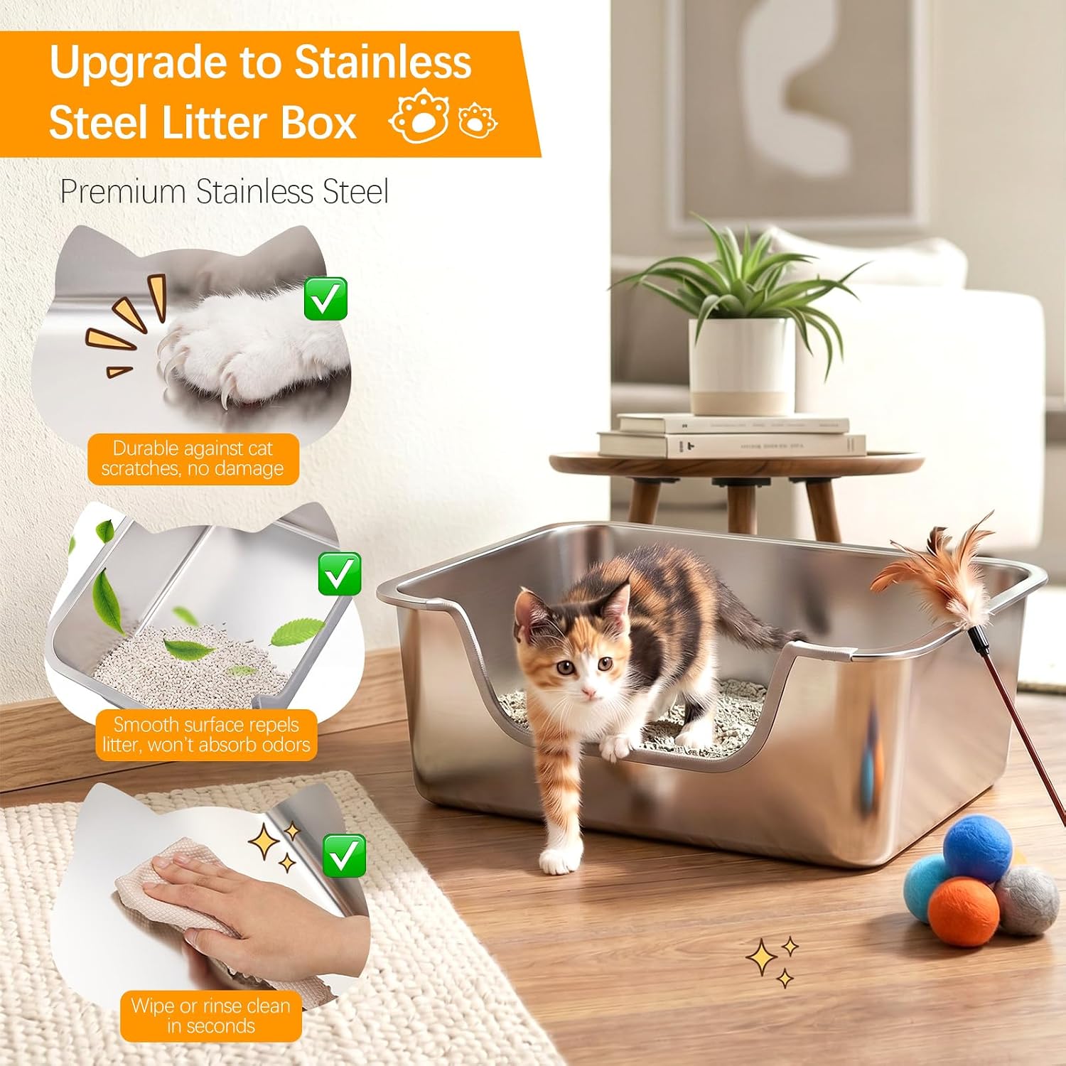 3 Pack Stainless Steel Cat Litter Box with Low Entry Large Senior Cat Metal Litter Box with High Sides Injured Cats Easy to Clean Non Stick for Kittens Older Cats (15.8 x 11.8 x 5.9 Inch)