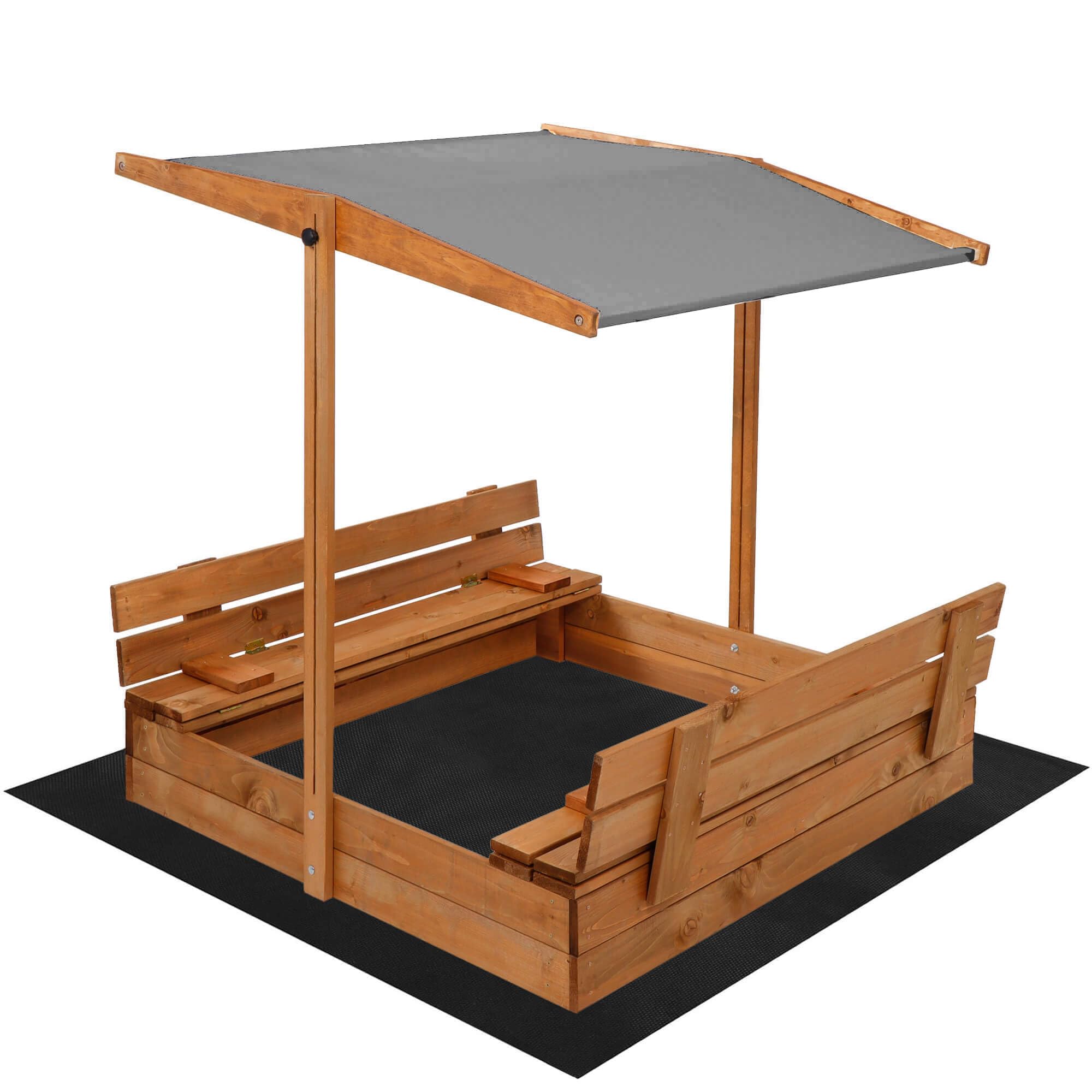 Arenero de madera de 120 x 120 cm con techo y cubierta, caja de arena para niños, caja de arena para jardín, de madera de coníferas impregnada, toldo ajustable, plegable, marrón y gris SPRINGOS