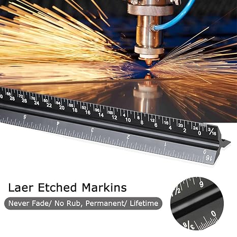 Architectural Scale Ruler 12 Inch, Aluminum Triangular Drafting Ruler | Laser-etched imperial scales for blueprints, floor plans, drafting, engineering and construction drawings.