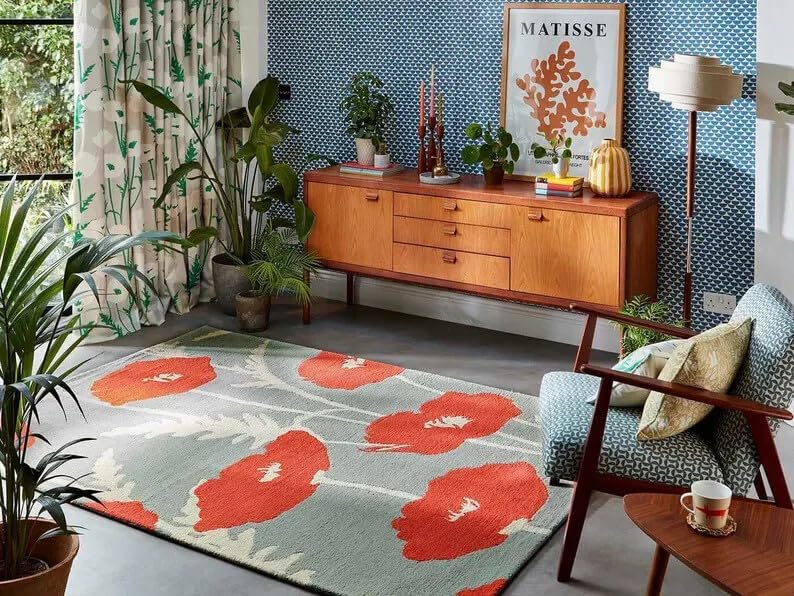 Hand Tufted New Zealand Wool Area Rug, Multicolor Poppy Bloom Floral Design, Handmade Medium Pile Carpet for Living Room & Bedroom, Rectangular, Premium Interior Decor
