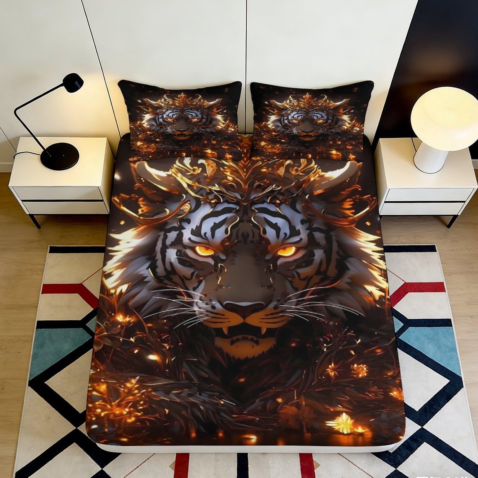 3D Printed Fiery Tiger Fitted Sheet Microfiber Soft Durable Glowing Eyes Bed Cover for Bedroom Dormitory Guest Room Mattress Protection 140x200x25cm