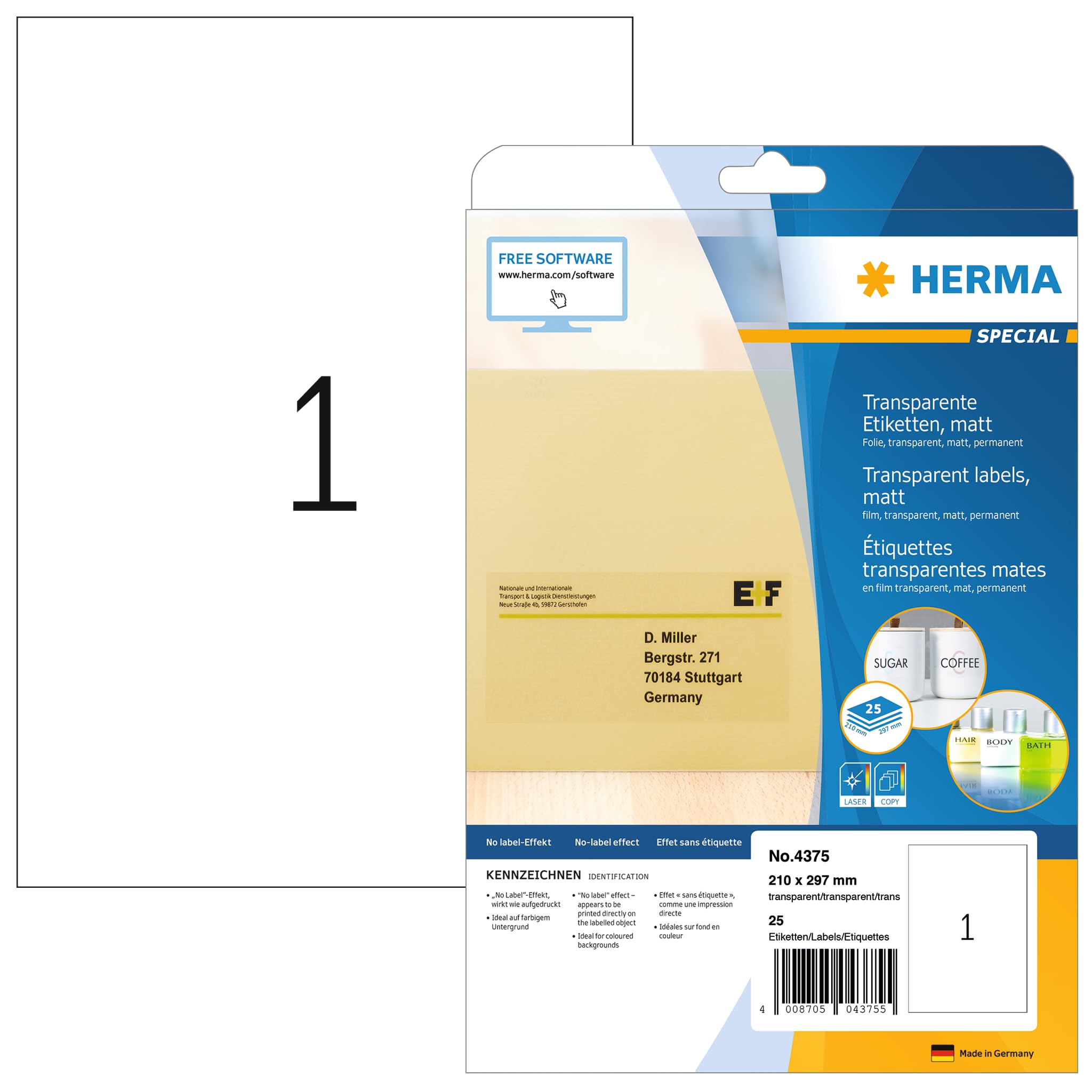 HERMA 4375 Wetterfeste Folienetiketten transparent, 25 Blatt, 210 x 297 mm, 1 pro A4 Bogen, 25 Stück, selbstklebend, bedruckbar, matt, blanko Klebeetiketten Aufkleber aus Folie, durchsichtig