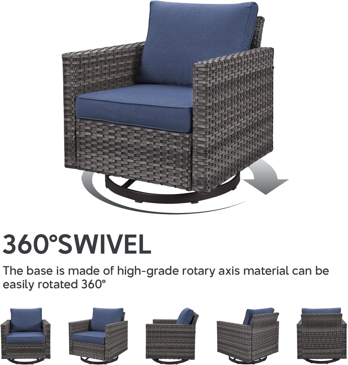 Outdoor Swivel Rocker Patio Chairs - 3 Piece Wicker Patio Furniture Set with Side Table, 360° Proch Swivel Glider Outdoor Rocking Bistro Set for Balcony Deck Poolside - Grey/Blue
